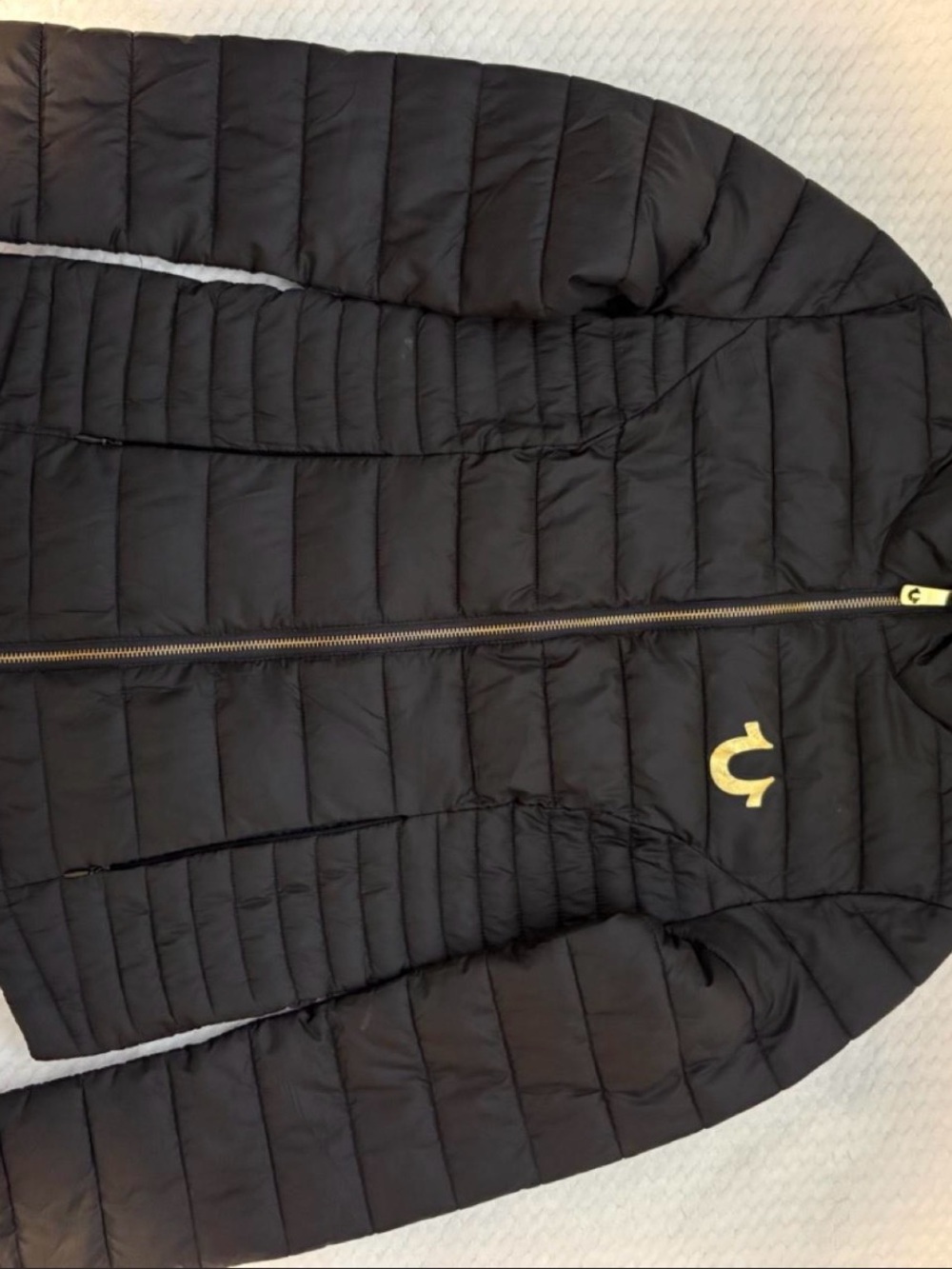 True Religion Black Quilted Puffer Jacket with Gold Logo
